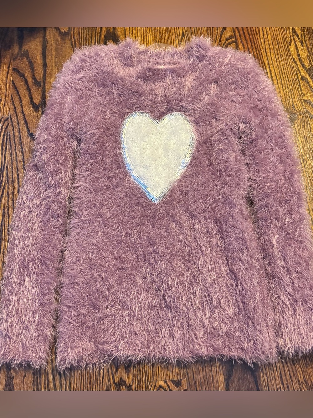 SO Lavender Fuzzy Top/Sweater with Heart Patch and Sequins (Girls size 14/16)